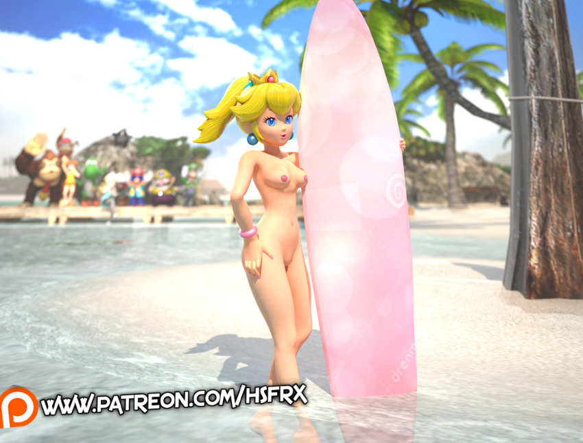 1girls 3d beach blonde_hair blue_eyes breasts crowd crown earrings female female_focus hsfrx jewelry mario_(series) medium_breasts navel nintendo nipples nude outdoors ponytail princess_peach pussy sfm solo_focus standing surfboard tied_hair water white_skin wristband