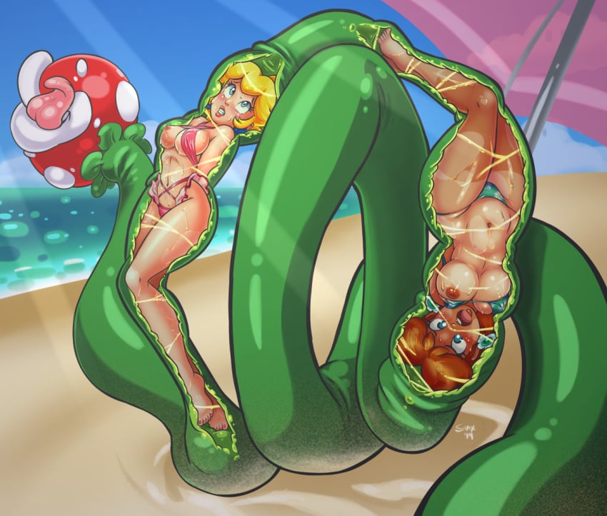 1other 2019 2girls beach bikini blonde_hair blue_eyes breasts brown_hair female female_focus green_bikini imminent_death mario_(series) midriff multiple_girls nintendo nipples outdoors pink_bikini piranha_plant plant princess_daisy princess_peach shax_(artist) shaxbert swimsuit topless vore