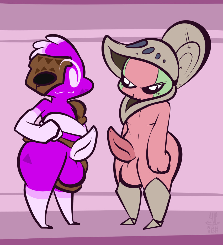 1-upclock 2019 2boys alternate_color anthro anthrofied armor arthropod ass big_ass big_eyes big_testicles black_eyes bottom_heavy dated duo erection feet half-closed_eyes helmet hi_res humanoid humanoidized male male_only minior mostly_nude nintendo original_character penis pink_skin pokémon_(species) pokemon pokemon_bw pokemon_sm purple_background purple_eyes purple_penis rock shelmet shortstack simple_background smile standing testicles text video_games watermark