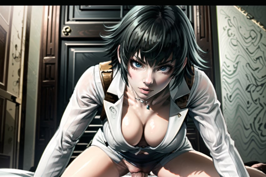 1boy 1girls ai_generated black_hair blue_eyes cleavage cleavage_cutout clothed clothed_sex clothing devil_may_cry devil_may_cry_4 eye_contact female female_focus lady_(devil_may_cry) looking_at_viewer male male_pov pov riding sex stable_diffusion vaginal_penetration vaginal_penetration white_clothing