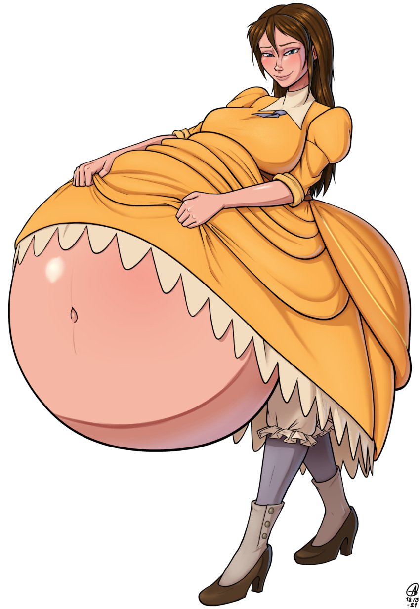 1girls a0iisa big_belly blue_eyes blush disney dress_lift female_focus full_body hi_res hyper_belly hyper_pregnancy jane_porter large_breasts long_hair looking_at_viewer solo tarzan_(1999_film)