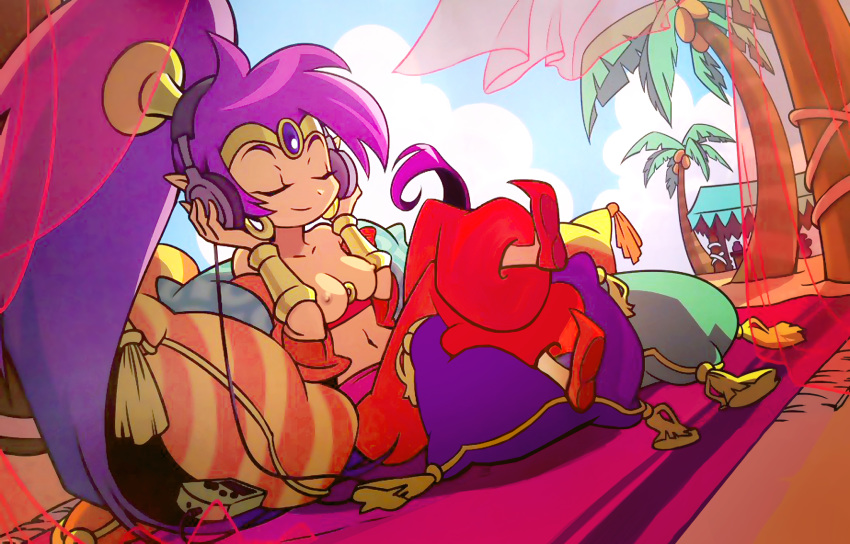 1girls belly breasts breasts_out casual_exposure closed_eyes clothing crossed_legs dangergirlfan earrings edit eyebrows eyelashes female female_focus female_only game_boy gauntlets genie hair headphones heels hut legs_crossed listening_to_music navel nipples outdoors palm_tree pillow ponytail purple_hair shantae shantae_(character) smile smooth_skin solo solo_focus tiara topless video_games wayforward