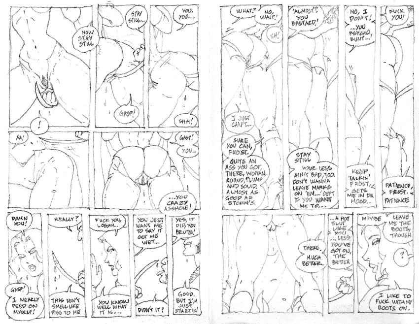 bubble_butt comic comic_page curvy curvy_female curvy_figure dat_ass emma_frost female hairy hairy_male ink kissing ksennin logan_(x-men) male male/female marvel marvel_comics nipples pussy pussy_lips speech_bubble taller_female vagina wet wet_pussy white_queen wolverine_(x-men) x-men