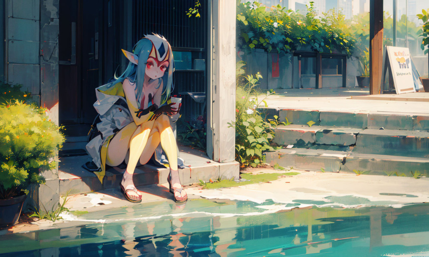 1girls ai_generated blue_submarine_no._6 breasts female grey_hair humanoid long_hair marine mutio pointy_ears red_eyes sandals sitting water yellow_skin