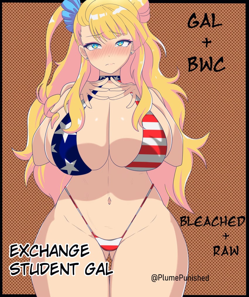 1girls american_flag_bikini artist_name big_breasts bleached blonde_hair blue_eyes blush breasts embarrassed female_only galko gyaru hips huge_breasts large_breasts legs looking_at_viewer makeup navel oshiete!_galko-chan punishedplume raceplay solo thighs very_long_hair wide_hips