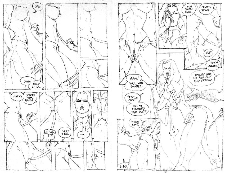 breasts_out comic comic_page curvy curvy_female curvy_figure emma_frost female hairy hairy_male ink kissing ksennin logan_(x-men) male male/female marvel marvel_comics nipples pussy pussy_lips speech_bubble taller_female topless topless_female vagina white_queen wolverine_(x-men) x-men