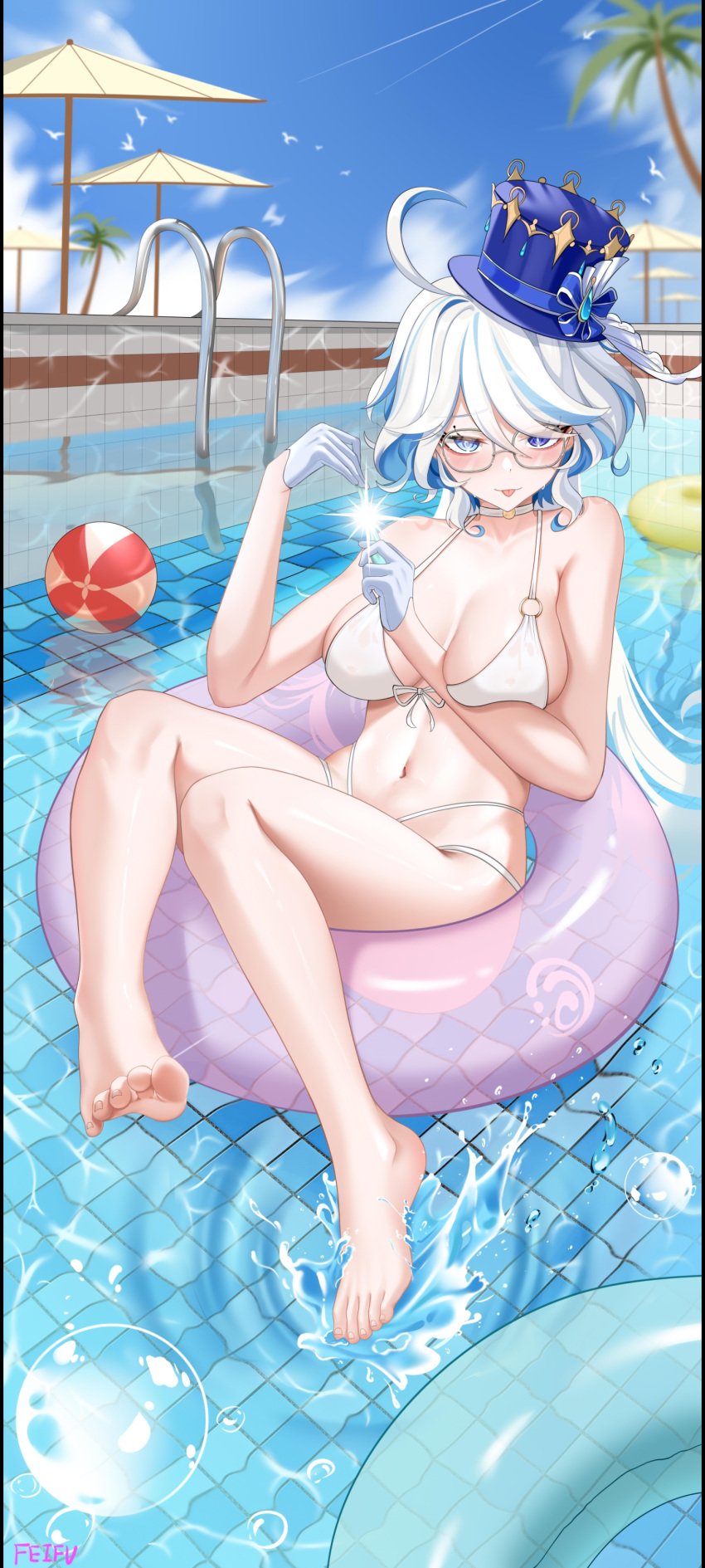 :p ahoge alternate_breast_size ball bare_shoulders beachball bespectacled bikini blue_eyes blue_hair blue_headwear blue_sky breasts bubble choker cloud day feet feifu female furina_(genshin_impact) general genshin_impact glasses gloves hands_up hat hoyoverse innertube jewelry legs looking_at_viewer multicolored_hair navel off_shoulder pendant pool shirt sky smile solo solo_female stomach streaked_hair swimsuit thighs toes tongue tongue_out top_hat umbrella water white_bikini white_choker white_gloves white_hair white_shirt