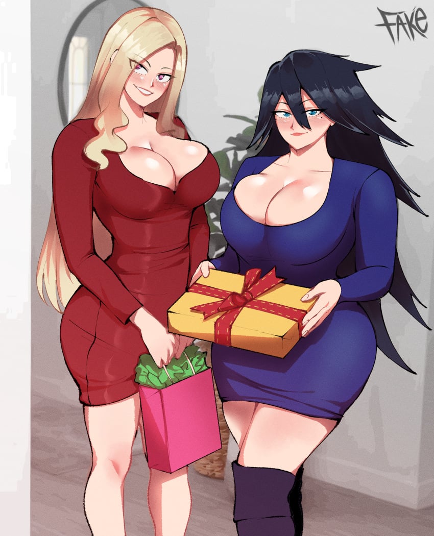 2girls alternate_costume big_breasts black_hair blonde_hair christmas cleavage dress female female_only giant_breasts hi_res hips huge_breasts light-skinned_female long_hair looking_at_viewer lord_socar midnight_(my_hero_academia) mount_lady multiple_girls my_hero_academia naughty_face nemuri_kayama present thick_thighs thighs wide_hips yuu_takeyama