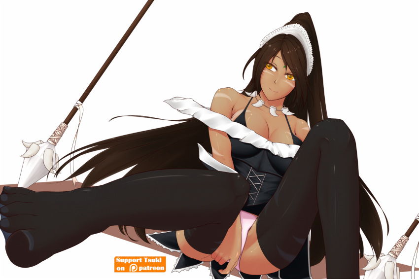 big_breasts black_hair black_hair_female dark-skinned_female dark_skin forehead_gem forehead_jewel french_maid french_maid_nidalee gem_on_forehead jewel_on_forehead large_breasts league_of_legends maid maid_headdress maid_outfit maid_stockings maid_uniform nidalee riot_games simple_background spear the_grind_series tribal_markings tribal_tattoo tribal_tattoos tsuki_riven visible_bra_through_clothes visible_panties visible_underwear white_background yellow_eyes yellow_eyes_female