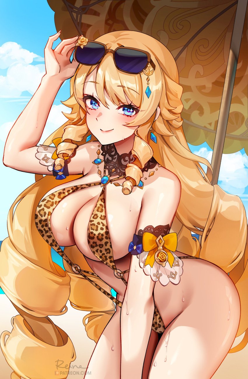 1girls blonde_hair blue_eyes breasts eyewear_on_head female foxy_rain_(foxyreine) foxyrain_(foxyreine) foxyreine genshin_impact hi_res hips huge_breasts long_hair naughty_face navia_(genshin_impact) solo_female sunglasses_on_head swimsuit thick_thighs thighs wide_hips