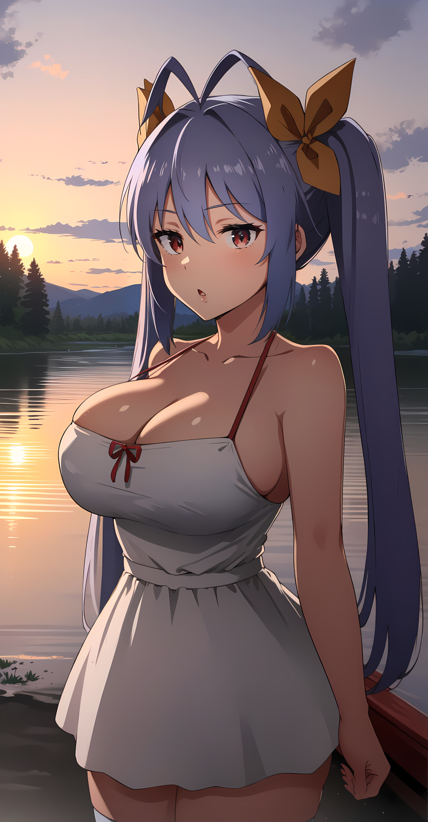 aged_up ahoge ai_generated cleavage hair_ribbon huge_breasts looking_at_viewer miyauchi_renge non_non_biyori outdoors river stable_diffusion sundress sunset triangle_mouth twintails