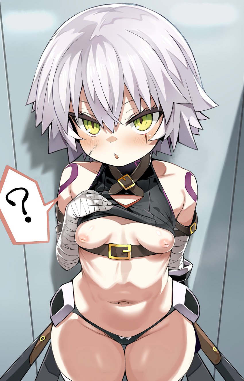 1girls ? bandage bandaged_arm breasts crop_top facial_scar fate/apocrypha fate/grand_order fate_(series) green_eyes inverted_nipples jack_the_ripper_(fate) jack_the_ripper_(fate/apocrypha) looking_at_viewer midriff nipples scar shimeji_nameko shirt_lift short_hair shortstack small_breasts solo tattoo thick_thighs thigh_gap thighs thong white_hair wide_hips