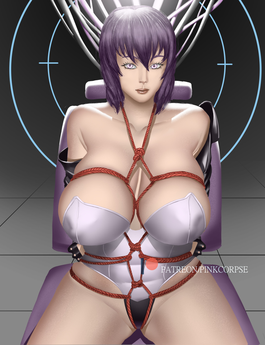 bondage breasts female ghost_in_the_shell kusanagi_motoko looking_at_viewer pink_corpse purple_hair sitting solo