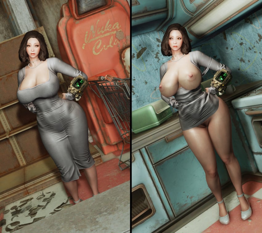 3d bethesda_softworks comparison dongtan_dress emotrashcan exposed_breasts exposed_pussy fallout nora_(fallout_4) on_off tight_dress vault_dweller