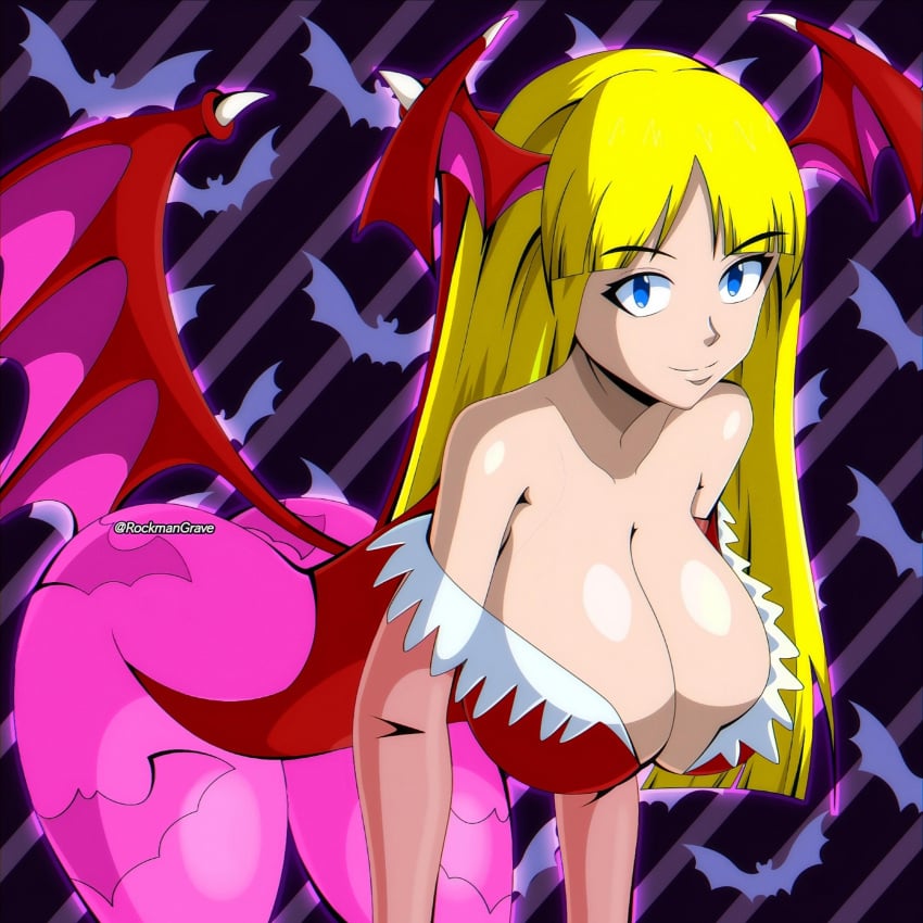 ass big_breasts blonde_hair blue_eyes blunt_bangs breasts capcom cleavage clothing darkstalkers female female female_only head_wings huge_breasts large_ass large_breasts morrigan_aensland palette_swap photoshop revealing_clothes rockmangrave smile solo succubus tagme third-party_edit wings