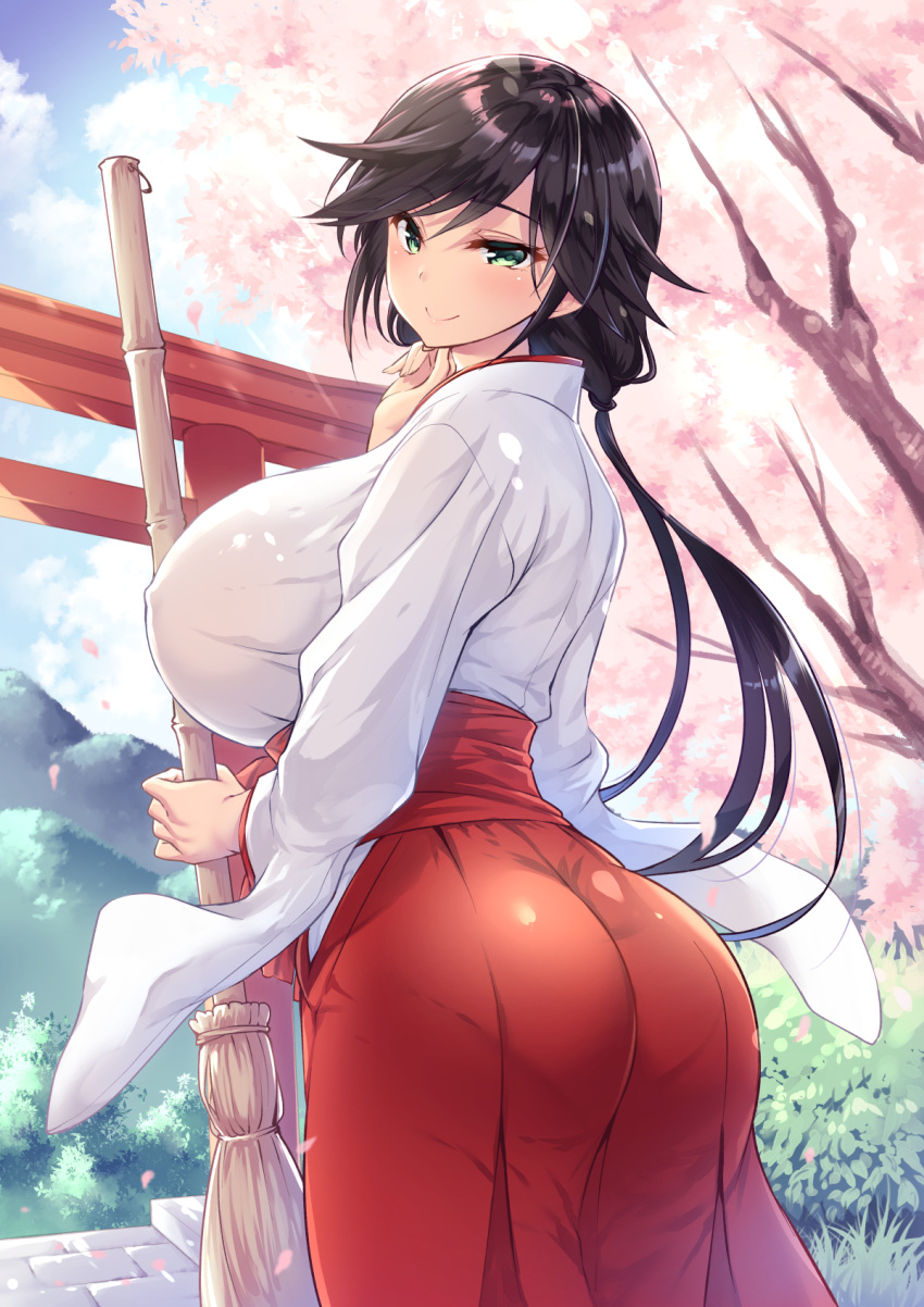 ass black_hair breasts broom bush cherry_blossoms closed_mouth cloud covered_erect_nipples day female grass green_eyes hakama highres holding holding_broom huge_breasts japanese_clothes long_hair long_skirt long_sleeves looking_at_viewer looking_back miko original outdoors pantylines red_skirt sanshoku_amido skirt smile solo spring_(season) tree wide_sleeves wind