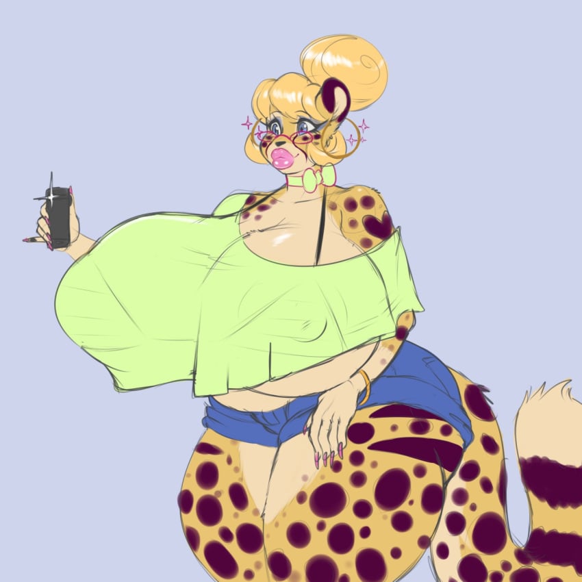 anthro betsibi big_breasts big_lips blonde_hair cheetah clothed earrings huge_breasts milf plankboy smartphone