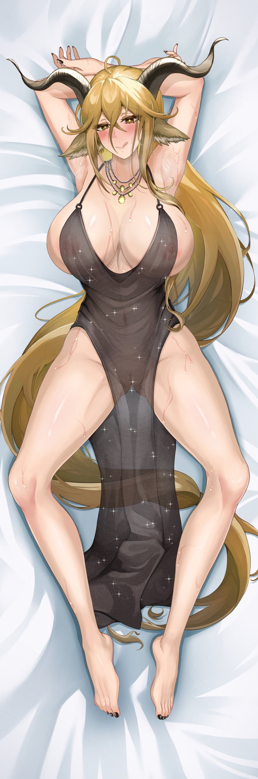 1girls 2023 absurd_res animal_ears arknights armpits arms_up bare_legs bare_shoulders barefoot blonde_hair blush breasts degenbrecher_(arknights) goat_ears goat_girl goat_horns heat hi_res horns horny kemonomimi large_breasts light-skinned_female light_skin long_hair looking_at_viewer lying lying_on_back necklace solo sweat sweating zhuoyandesailaer