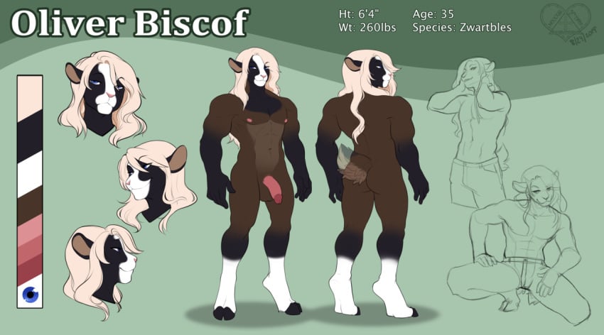 1boy 2019 5_fingers abs anthro balls biceps biped black_fur black_hooves black_tail blue_eyes bottomwear bovid brown_balls brown_fur brown_tail caprine clothed clothing color_swatch crouching digital_media_(artwork) fingers flaccid fur glans green_background hair hooves humanoid_penis kittydee long_hair male male_only mammal model_sheet multicolored_fur multicolored_tail muscular muscular_male nipples nude oliver_biscof pants pecs penis pink_glans pink_nipples pink_nose pink_penis serratus sheep simple_background smile solo topless two_tone_tail white_fur white_hair zwartbles