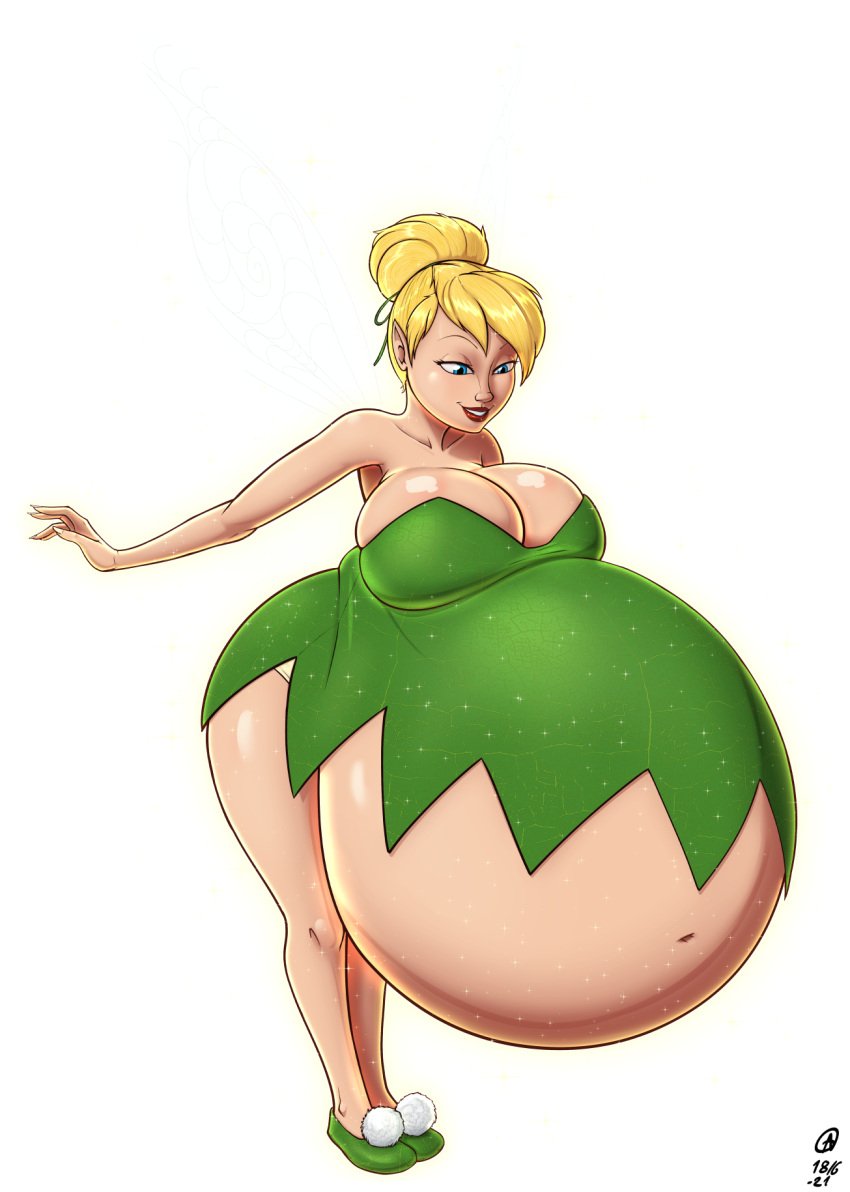 1girls a0iisa bare_shoulders big_belly blonde_hair blue_eyes disney fairy fairy_wings female_focus full_body hi_res huge_breasts hyper_belly lipstick medium_hair peter_pan_(disney) pointy_ears solo tinker_bell updo wings