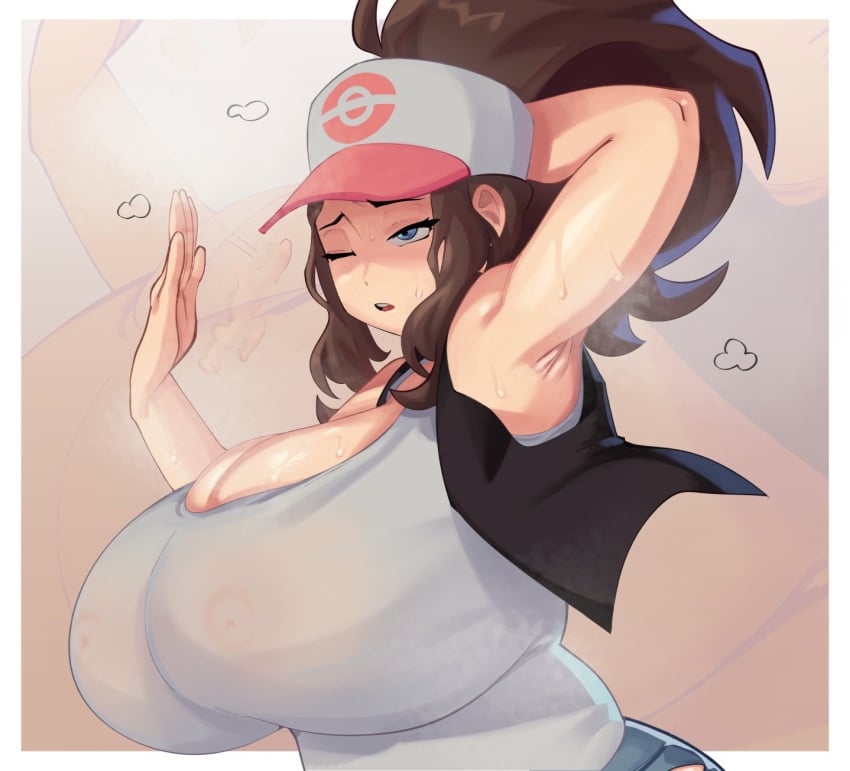 1girls alternate_breast_size armpits arms_up blue_eyes breasts brown_hair cleavage female game_freak hat hilda_(pokemon) huge_breasts light-skinned_female light_skin long_hair luci-a nintendo pokemon pokemon_bw ponytail shorts sleeveless sweat sweaty_body tank_top vest