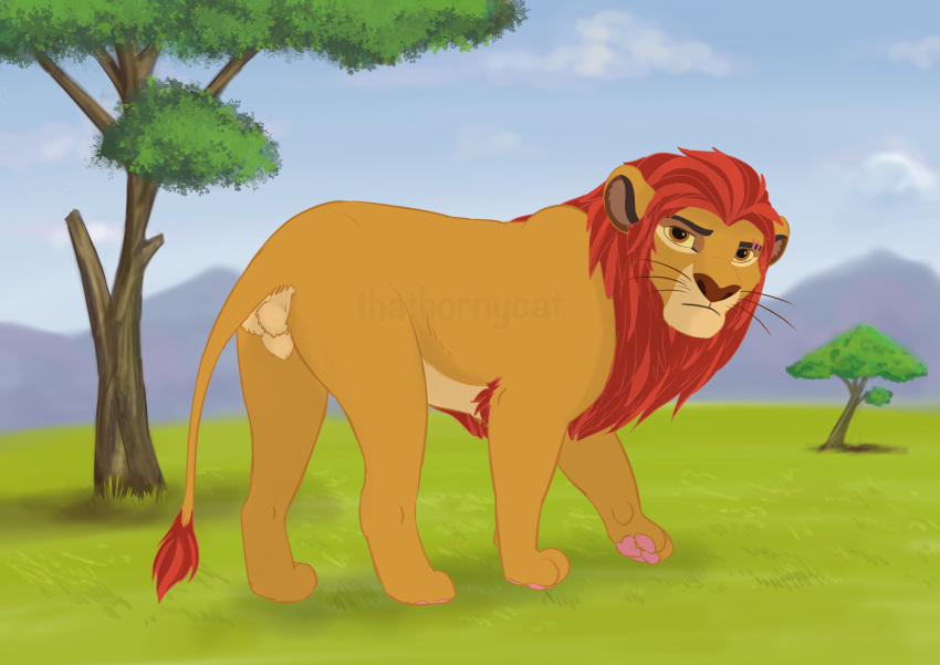 animal_genitalia balls beans colored disney felid feline feral fur furry grass hi_res invalid_tag kion leafs lion male male_only mammal mountain outside pantherine paws red_fur scar shaded sheath sky standing stones thathornycat the_lion_guard the_lion_king tree