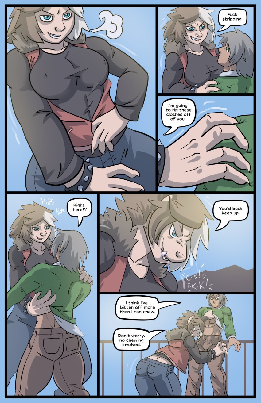 2023 5_fingers alex_(phrannd) anthro assisted_exposure blue_eyes bracelet breasts brown_hair bulge cabin canid canine claw_growth claws clothed clothing colored comic dialogue duo embrace english_text female fingers genital_outline green_hair growth hair hi_res highlights_(coloring) hug human human_on_anthro human_to_anthro humanoid_hands interspecies jewelry making_out male male/female mammal penis_outline phrannd profanity sara_(phrannd) shaded shirt species_transformation speech_bubble spiked_bracelet spikes text topwear transformation were werecanid werecanine werewolf white_highlights