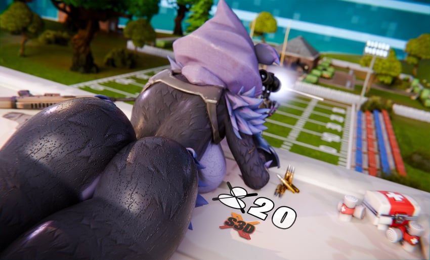 absurd_res ass bear big_ass big_butt bodily_fluids breasts cloak clothing epic_games female fortnite glistening glistening_body gun hi_res mammal ranged_weapon raven_team_leader rear_view rifle shachath3d sniper_rifle solo sweat weapon