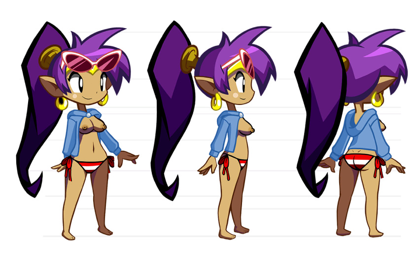 1girls areolae ass barefoot belly bikini breasts breasts_out casual_exposure character_sheet dark-skinned_female dark_skin earrings edit female female_focus female_only genie hair hoodie jacket navel nipples nude pointy_ears ponytail purple_hair shantae shantae:_half-genie_hero shantae_(character) smile smooth_skin solo solo_focus sunglasses sunglasses_on_head swimsuit topless turnaround video_games wayforward