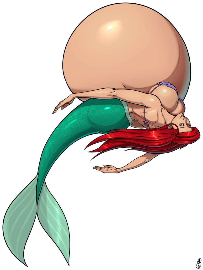 1girls a0iisa ariel big_belly blue_eyes disney female_focus full_body hi_res huge_breasts hyper_belly hyper_pregnancy long_hair looking_at_viewer mermaid red_hair seashell_bra solo the_little_mermaid the_little_mermaid_(1989_film)