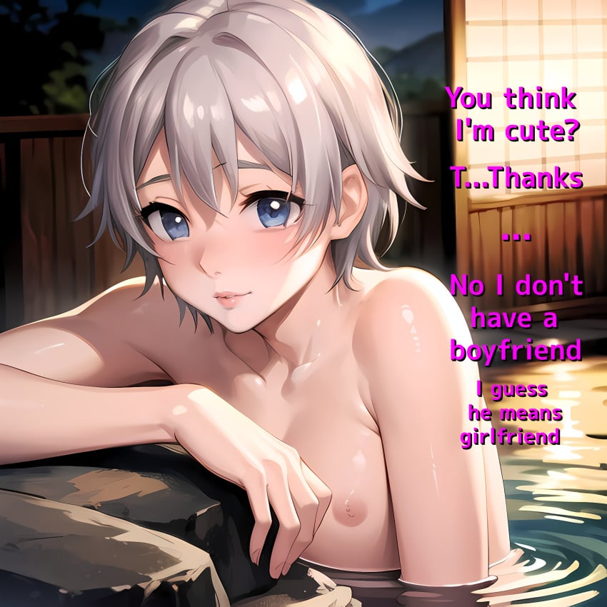 1boy ai_generated bare_shoulders blue_eyes cute femboy hot_spring male_only my_teen_romantic_comedy_snafu nipples text totsuka_saika trap