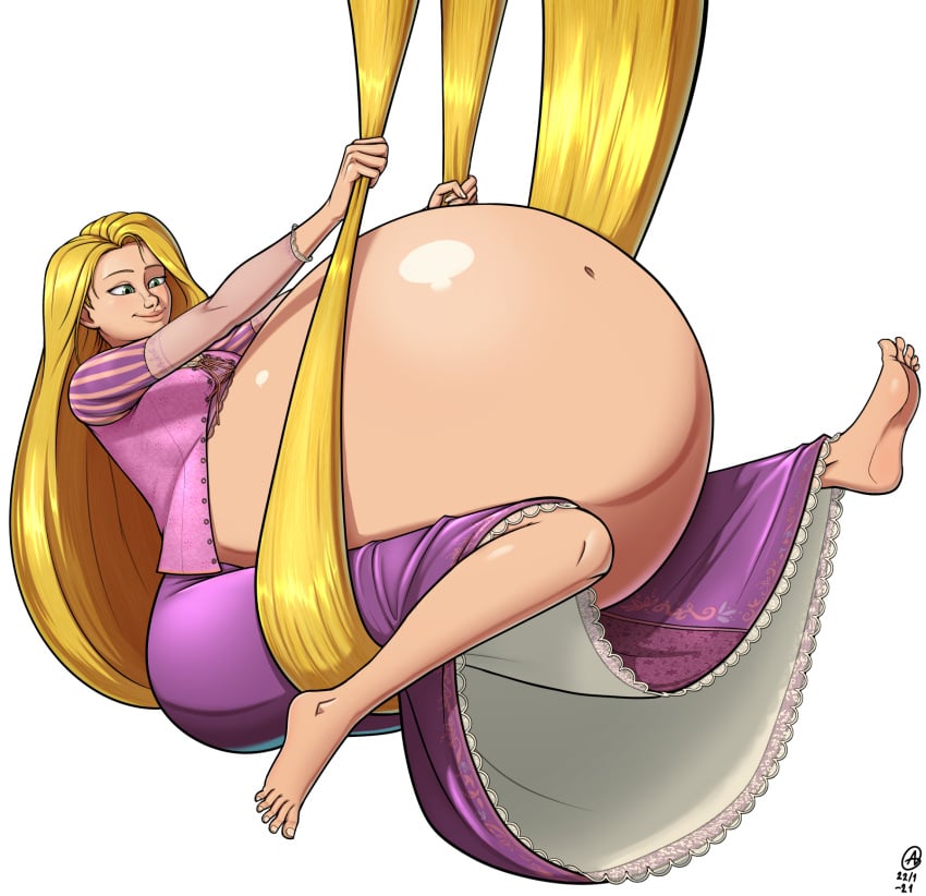 1girls a0iisa barefoot blonde_hair disney female female_focus female_pred freckles full_body green_eyes hi_res huge_belly hyper_belly rapunzel solo tangled very_long_hair vore vore_belly