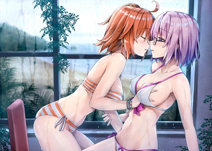 2girls breast_grab fate/grand_order fate_(series) female female_only fujimaru_ritsuka_(female) kotatsu_(kotatsu358) mash_kyrielight multiple_girls orange_hair pink_hair shiny shiny_skin sideboob sweat swimsuit tagme wet yuri