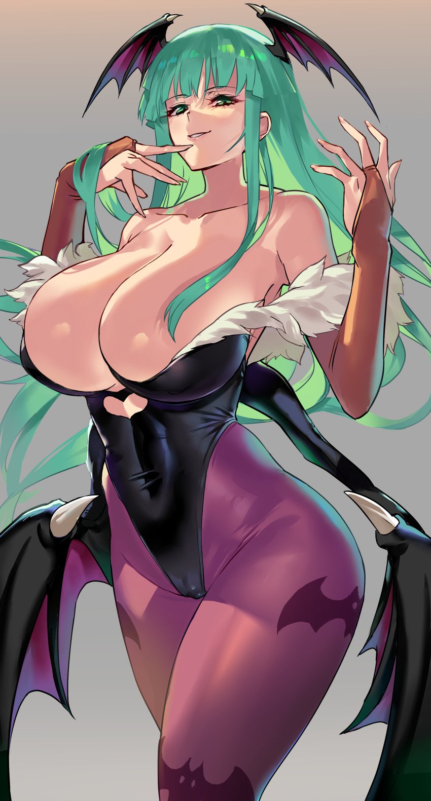 absurdres animal_print armpits bare_shoulders bat_print bat_wings black_leotard blush breasts bridal_gauntlets brown_gloves bursting_breasts cameltoe capcom cleavage clothing clothing_cutout collarbone covered_navel cowboy_shot curvy darkstalkers demon_girl detached_sleeves elbow_gloves female fur_trim gloves green_eyes green_hair head_wings heart_cutout heattech_leotard highleg highleg_leotard highres huge_breasts large_breasts leotard linea_alba long_hair looking_at_viewer low_wings morrigan_aensland narrow_waist navel negresco pantyhose parted_lips print_pantyhose purple_pantyhose seductive_smile simple_background smile smug solo succubus thick_thighs thighs toned_stomach vampire_(game) wide_hips wings