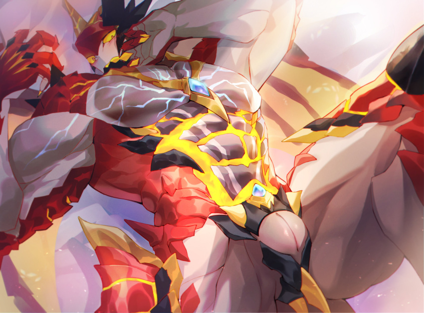 absurd_res anthro blush chest_gem dragon dragon_wings gaia_(anothereidos_r) ge5ajtqitgcpx0m hi_res lying male munyamunya muscular muscular_male muuunya000 on_back puffy_slit raised_arm red_body red_scales scales slit solo white_body white_scales yellow_body yellow_scales yellow_sclera