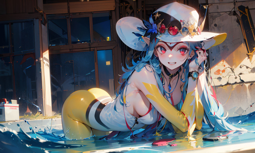 1girls ai_generated blue_submarine_no._6 breasts female grey_hair hat humanoid long_hair looking_at_viewer marine monster_girl mutio pointy_ears red_eyes silver_hair smiling teeth watch water yellow_skin