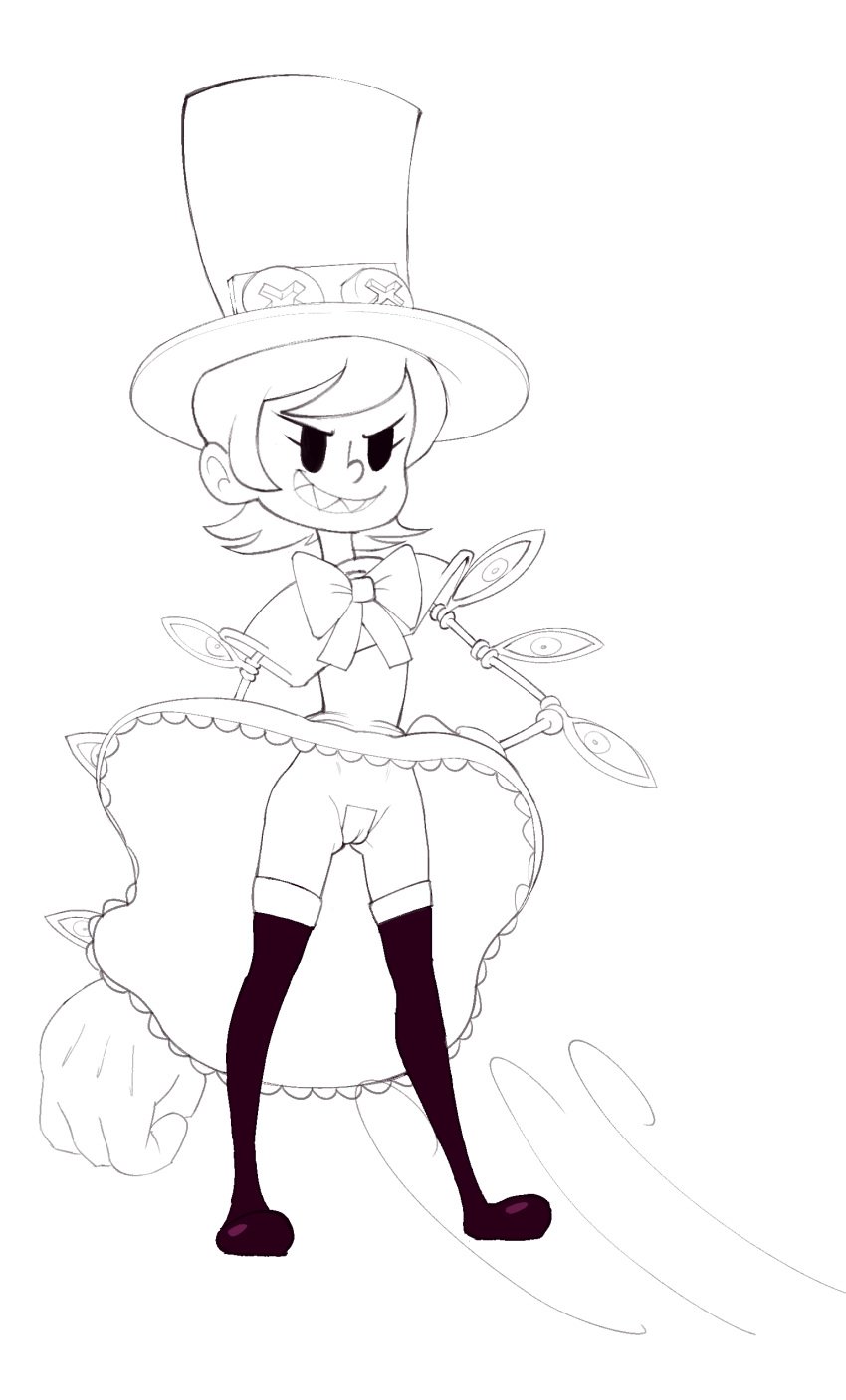 bottomless dress garbledina grin monochrome peacock_(skullgirls) petite pussy skullgirls taped_pussy uncolored