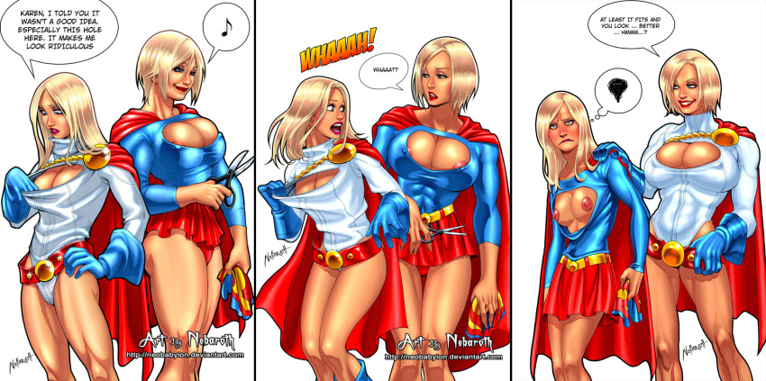 2girls areola_slip areolae ass athletic athletic_female bare_legs belt biceps big_breasts blonde_hair blue_eyes bob_cut bottomwear breast_size_difference breasts breasts_out bubble_butt bursting_breasts cape cleavage cleavage_cutout clothing comic cutting_clothes dc dc_comics erect_nipples female gloves handwear kara_zor-el kara_zor-l karen_starr large_breasts leotard lipstick long_hair loose_clothes makeup multiple_girls nebaroth nipples overflowing_breasts panties power_girl scissors short_hair skirt small_breasts speech_bubble standing supergirl superman_(series) tagme toned toned_female topwear upskirt voluptuous yuri