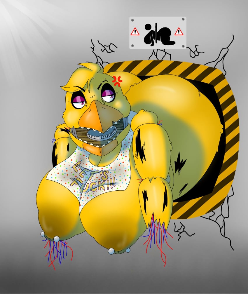 animatronic anthro chica_(fnaf) chicken female five_nights_at_freddy's five_nights_at_freddy's_2 fnaf huge_breasts machine raul_maduro robot scottgames solo stuck stuck_in_wall through_wall withered_chica yellow_fur