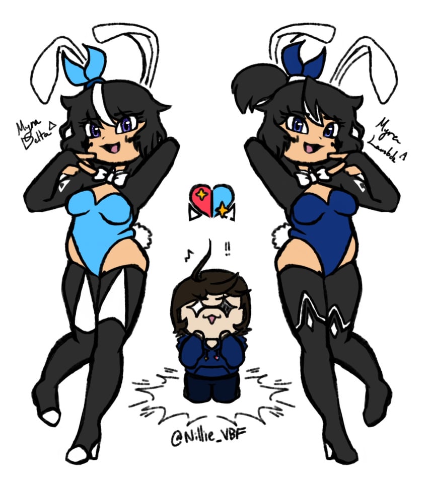 1boy 2girls bunnysuit myra_(nillie_vbf) nillie_vbf reverse_bunnysuit tan_skin twins