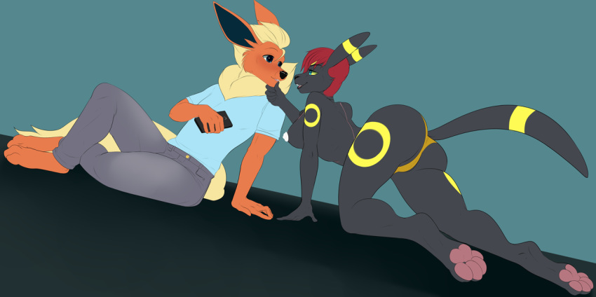 1boy 1girls 2019 alternate_color anthro anthrofied ass barefoot blue_eyes bottomwear breasts canine cellphone clothed clothing duo eeveelution eva_(swordfox) eye_contact feet female flareon flirting food furry hair half-closed_eyes hand_on_chin male mammal nintendo open_mouth original_character panties pants pawpads paws phone pokémon_(species) pokemon pokemon_(species) pokemon_gsc pokemon_rgby pokemorph pregoo red_hair romantic scar seductive shirt simple_background sitting tail teeth thick_thighs topless topwear umbreon underwear video_games whipped_cream wide_hips yellow_sclera