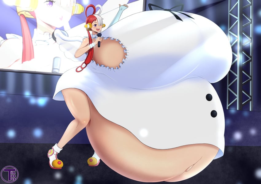 1girls absurd_res female female_only full_body hair_over_one_eye hyper hyper_breasts hyper_pregnancy microphone navel one_piece pregnant purple_eyes red_hair sideboob solo timaeus two_tone_hair uta_(one_piece) white_hair