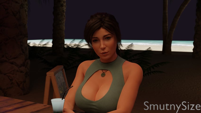 1girls 3d 3d_artwork 3d_model alcohol alcoholic_beverage bar beach cocktail_glass dark_hair drinking_straw evening female female_focus glass hair human lara_croft lara_croft_(survivor) martini necklace night palm_tree pina_colada smutnysize tomb_raider tomb_raider_(survivor) tropical