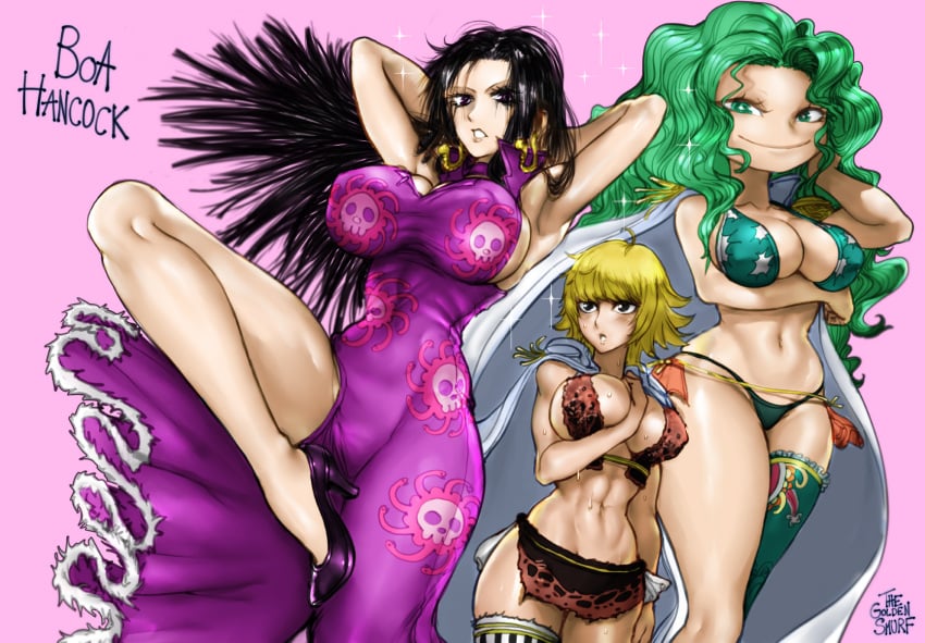 3girls abs arm_support arms_behind_head arms_up big_breasts bikini bikini_bottom bikini_top black_hair blonde_hair blue_eyes blush boa_hancock boa_sandersonia clothed clothing empress female female_focus female_only green_eyes green_hair large_breasts leg_up long_hair looking_at_viewer looking_down marguerite muscular muscular_female muscular_legs one_piece pirate short_hair smile solo_female thegoldensmurf thick_thighs