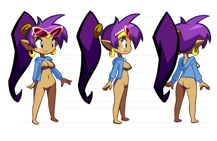 1girls ass barefoot belly breasts breasts_out casual_exposure character_sheet dark-skinned_female dark_skin earrings edit female female_focus female_only genie hair hoodie jacket navel nipples nude pointy_ears ponytail purple_hair pussy shantae shantae:_half-genie_hero shantae_(character) smile smooth_skin solo solo_focus sunglasses sunglasses_on_head turnaround vagina video_games wayforward