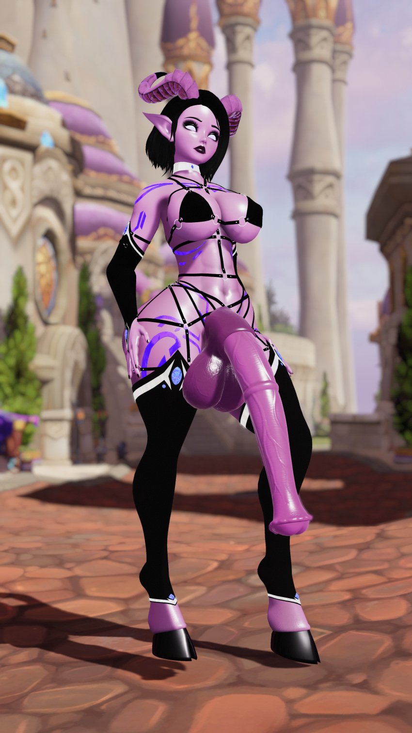 1futa 3d animal_genitalia animal_genitalia_on_humanoid balls black_hair breasts clothed clothing draenei futanari garter_straps horsecock horsecock_futanari horsecock_on_humanoid huge_balls huge_cock mostly_nude outside penis solo solo_futa standing tattoo thighhighs virtualahri vr vrchat world_of_warcraft