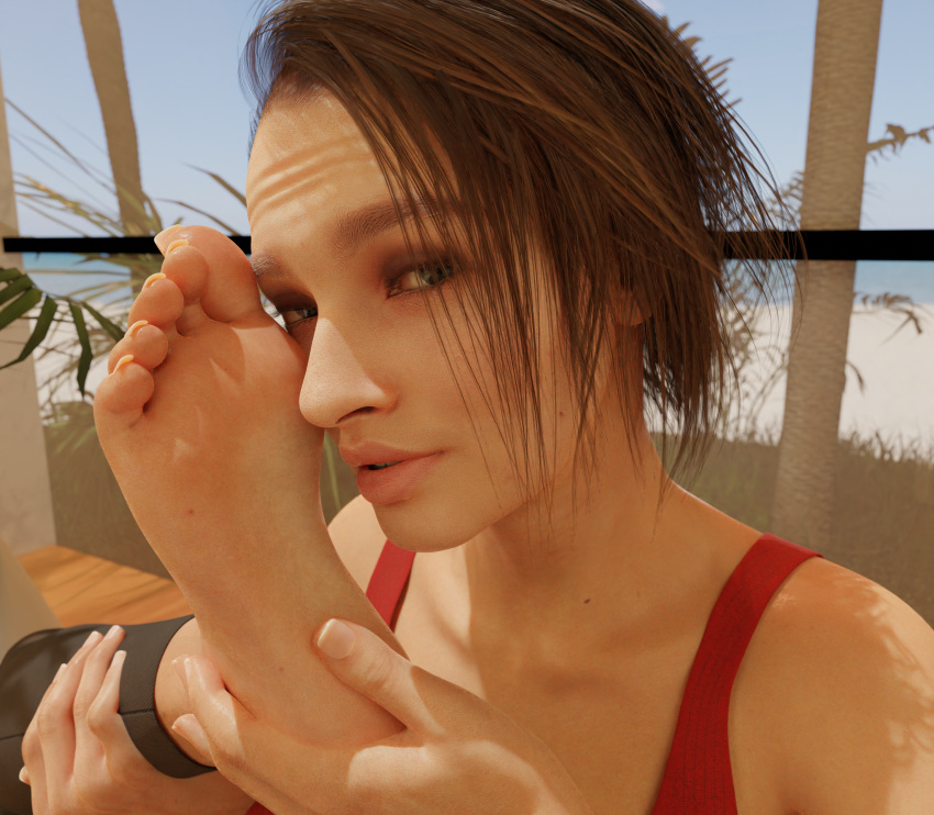 1girls 3d 3d_(artwork) abs athletic_female barefoot blender blender_(software) blender_cycles clothed clothed_female feet feet_up foot_fetish foot_focus holding_legs insanis_(artist) jill_valentine jill_valentine_(sasha_zotova) long_toenails looking_at_viewer pov resident_evil resident_evil_3 resident_evil_3_remake self_upload short_hair soles solo solo_focus sweat sweaty sweaty_body sweaty_feet toes workout workout_clothing yoga yoga_mat yoga_pose