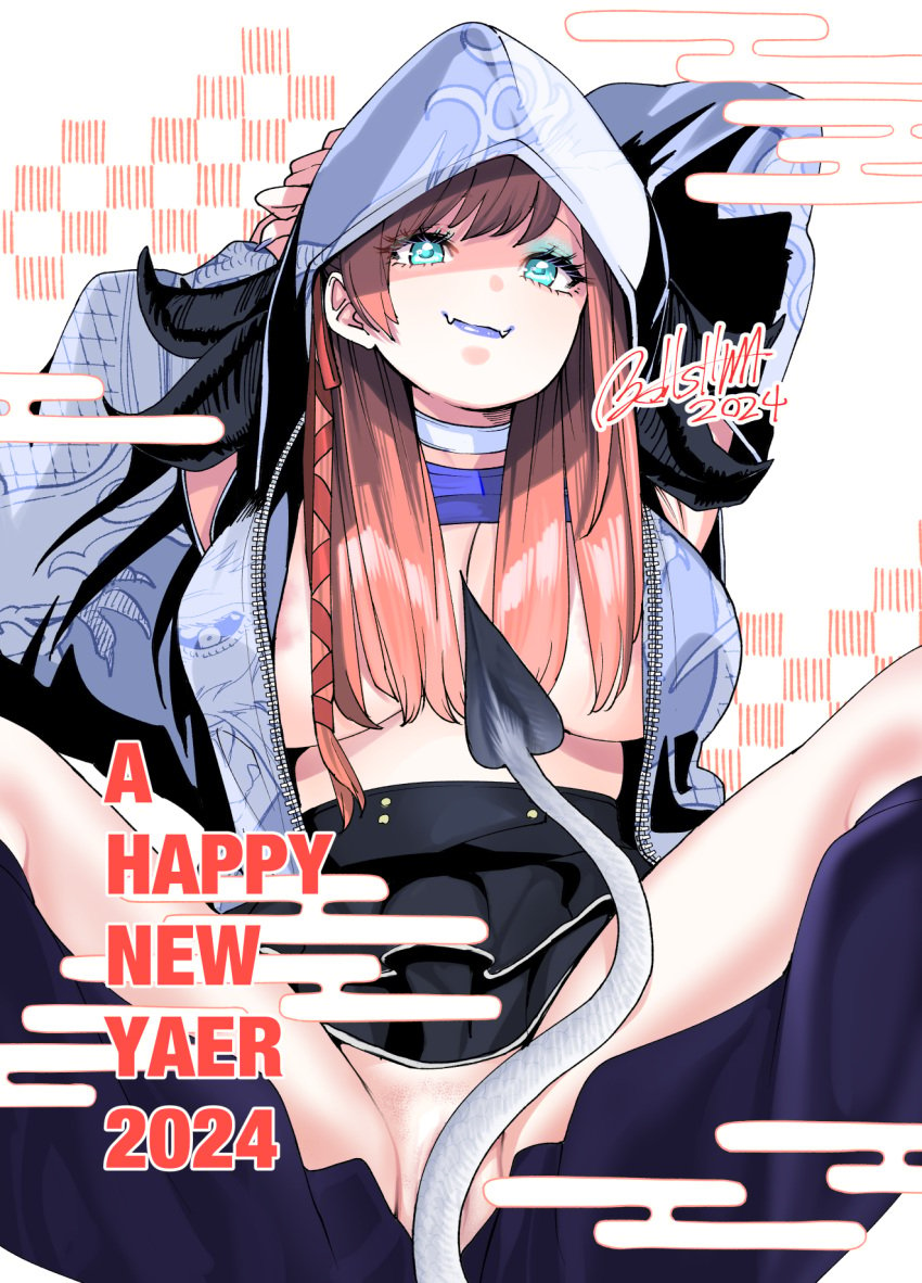 1girls big_breasts blue_eyes breasts final_fantasy final_fantasy_xiv hair_ribbon long_hair new_year ooshima_ryou open_jacket orange_hair purple_lipstick revealing_clothes ribbon ryne_waters skirt smile smiling smiling_at_viewer solo solo_female solo_focus square_enix tail thighs