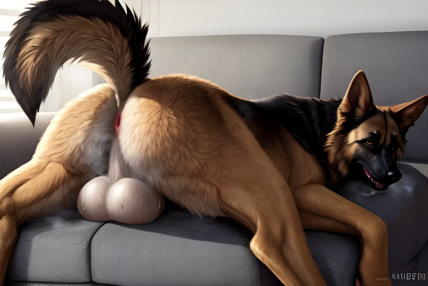 ai_generated anus ass attempted_signature balls big_balls bodily_fluids breath breath_cloud butt_focus canid canine canis detailed domestic_dog ears_up exhausted feral fluffy_body furniture genitals german_shepherd herding_dog hi_res laying light lighting lying male mammal musk musk_clouds musk_fetish need_wiener_now need_wiener_now on_front on_sofa panting pastoral_dog photorealism photorealistic pink_anus raised_tail rear_view snout sofa solo solo_focus sweat sweaty_balls sweaty_genitalia tagme