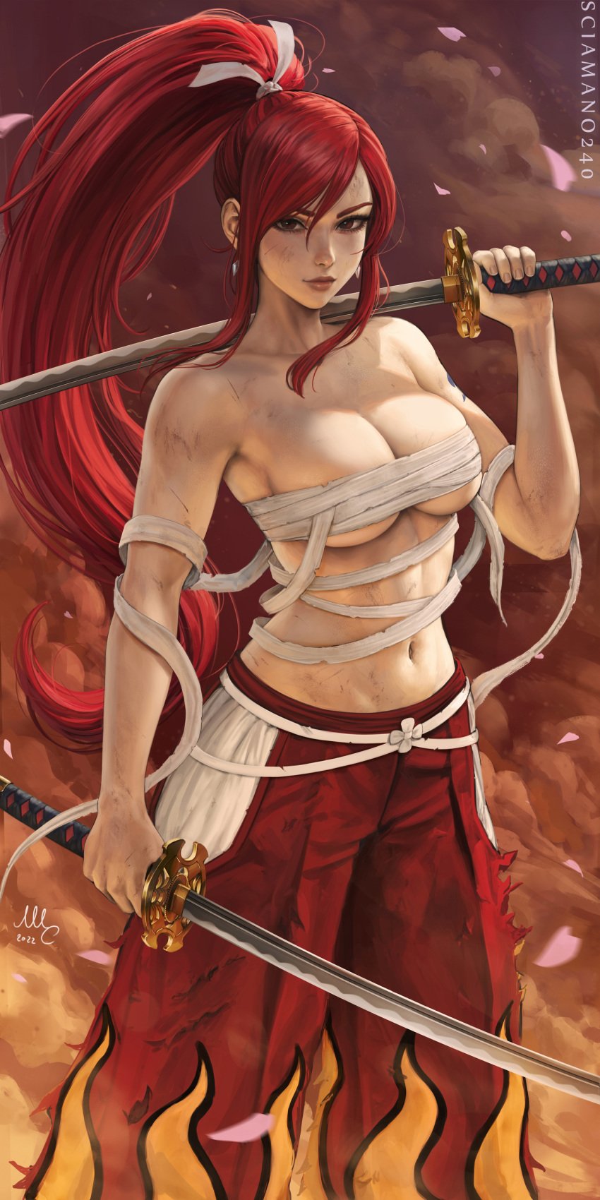 big_breasts erza_scarlet fairy_tail long_hair red_eyes sciamano240 sword weapon